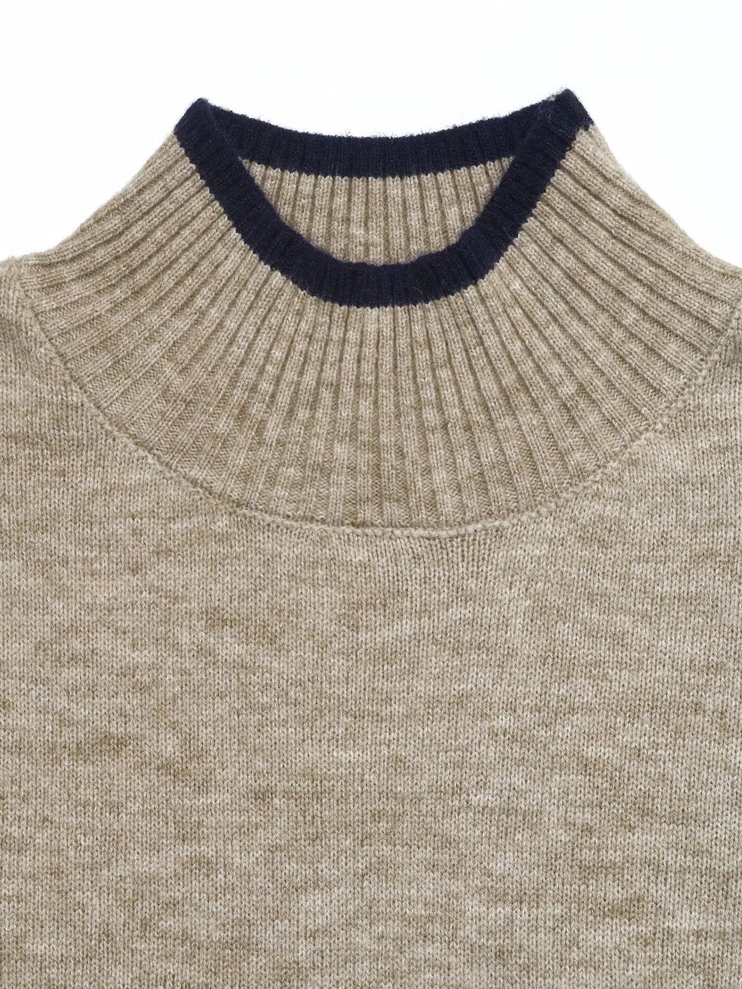 Contrast tipped mock neck sweater with ribbed trim