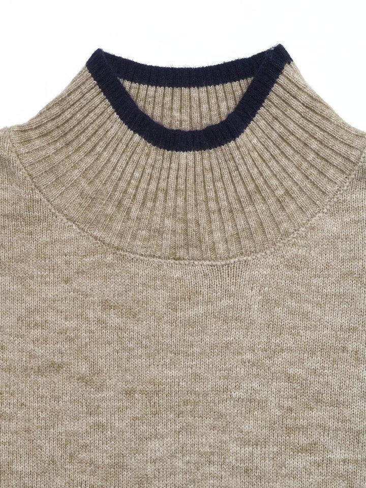 Contrast tipped mock neck sweater with ribbed trim