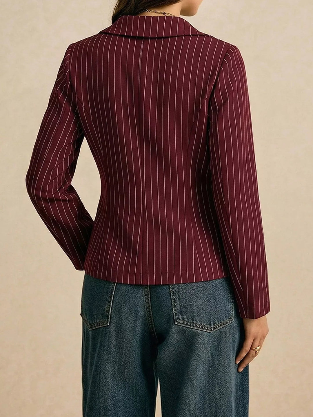Pinstripe lace trim V-neck button-down blouse