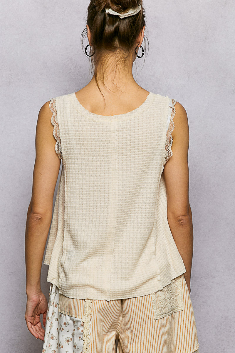 Textured waffle knit tank with lace trim and button placket