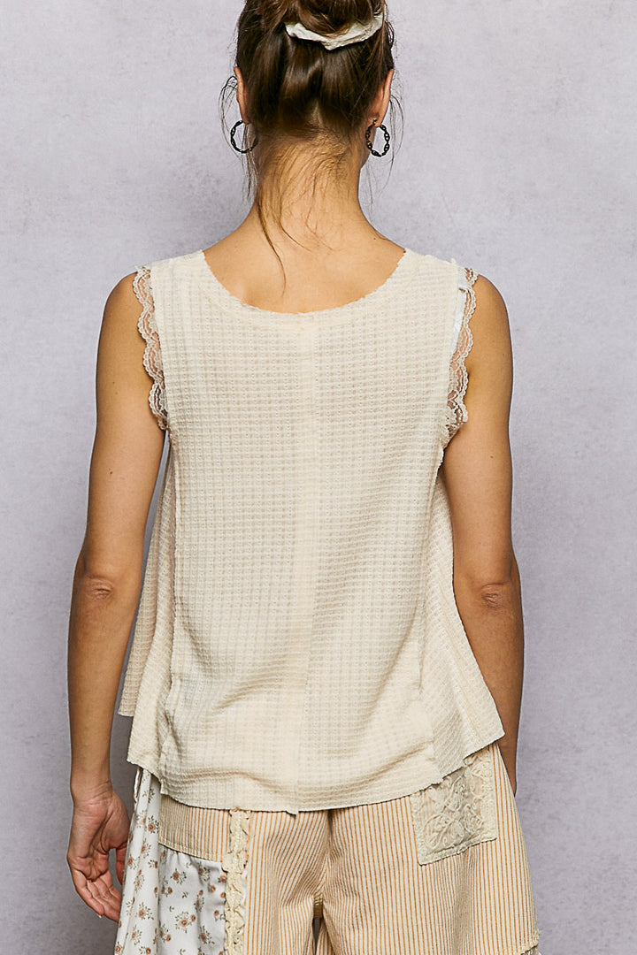 Textured waffle knit tank with lace trim and button placket