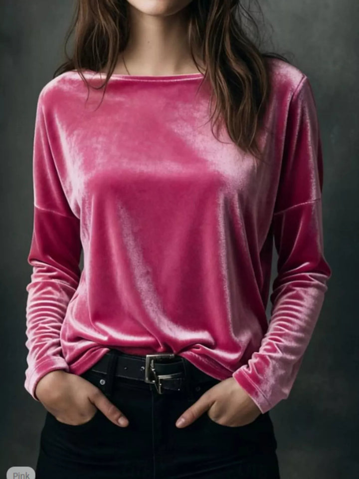 Pink Velvet long sleeve boat neck top with dropped shoulders