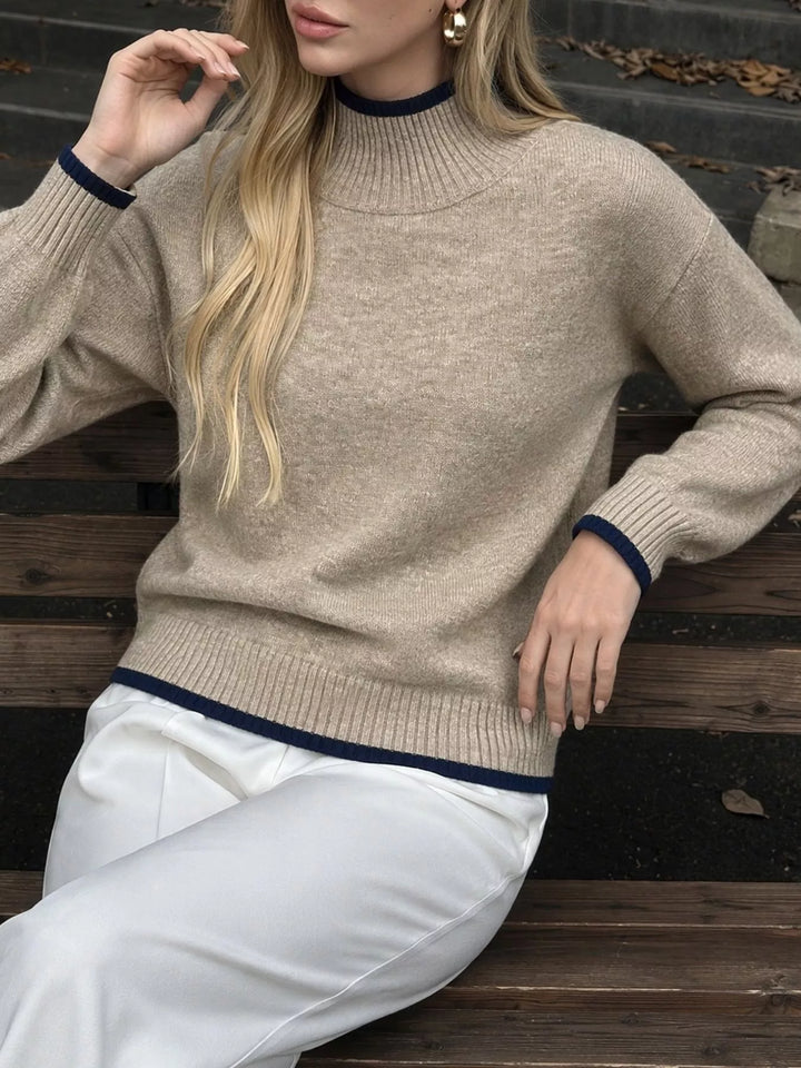 Contrast tipped mock neck sweater with ribbed trim