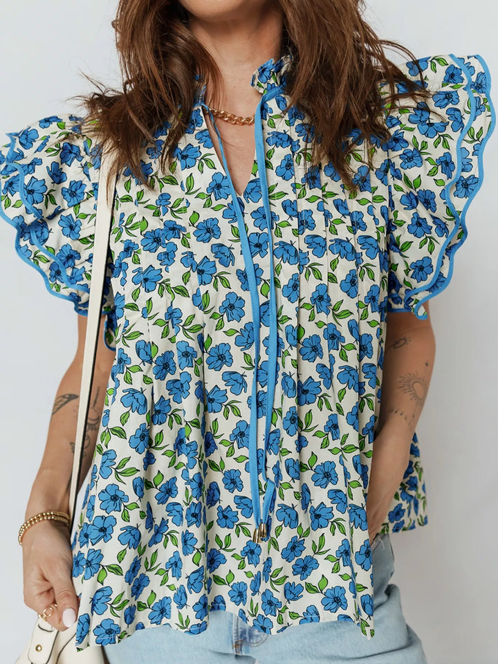 Floral ruffle flutter sleeve tie-neck blouse