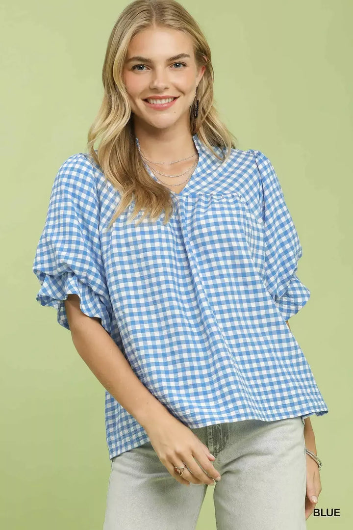 BLUE Gingham check V-neck blouse with ruffle puff sleeves