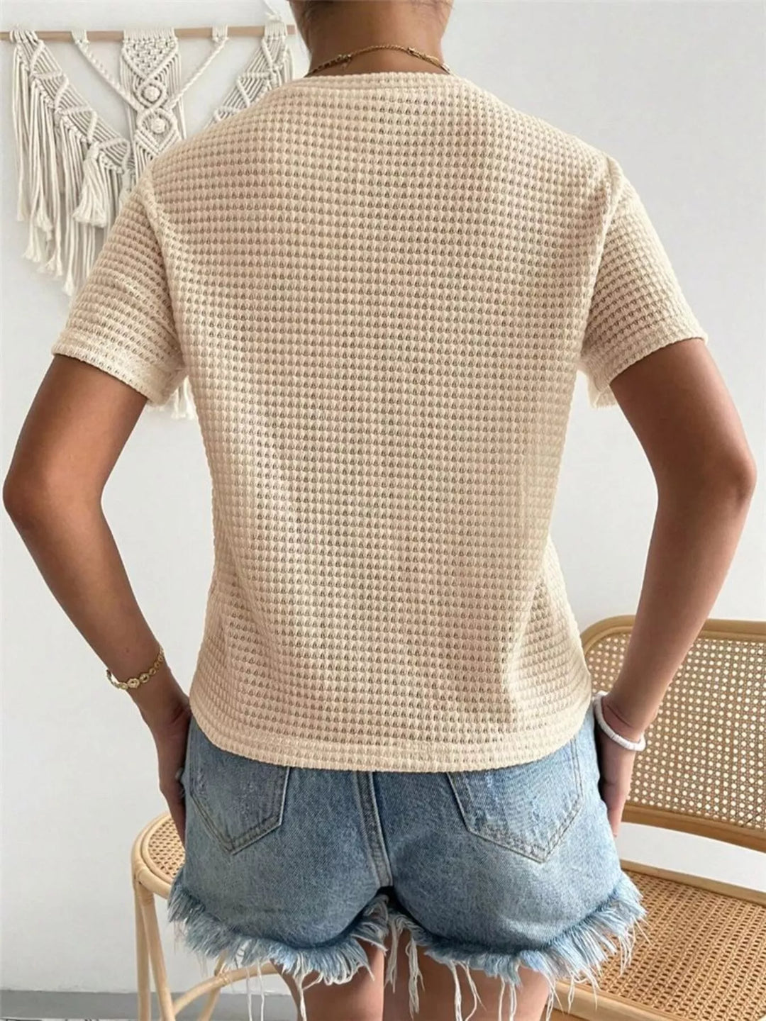 Waffle knit crew neck short sleeve top