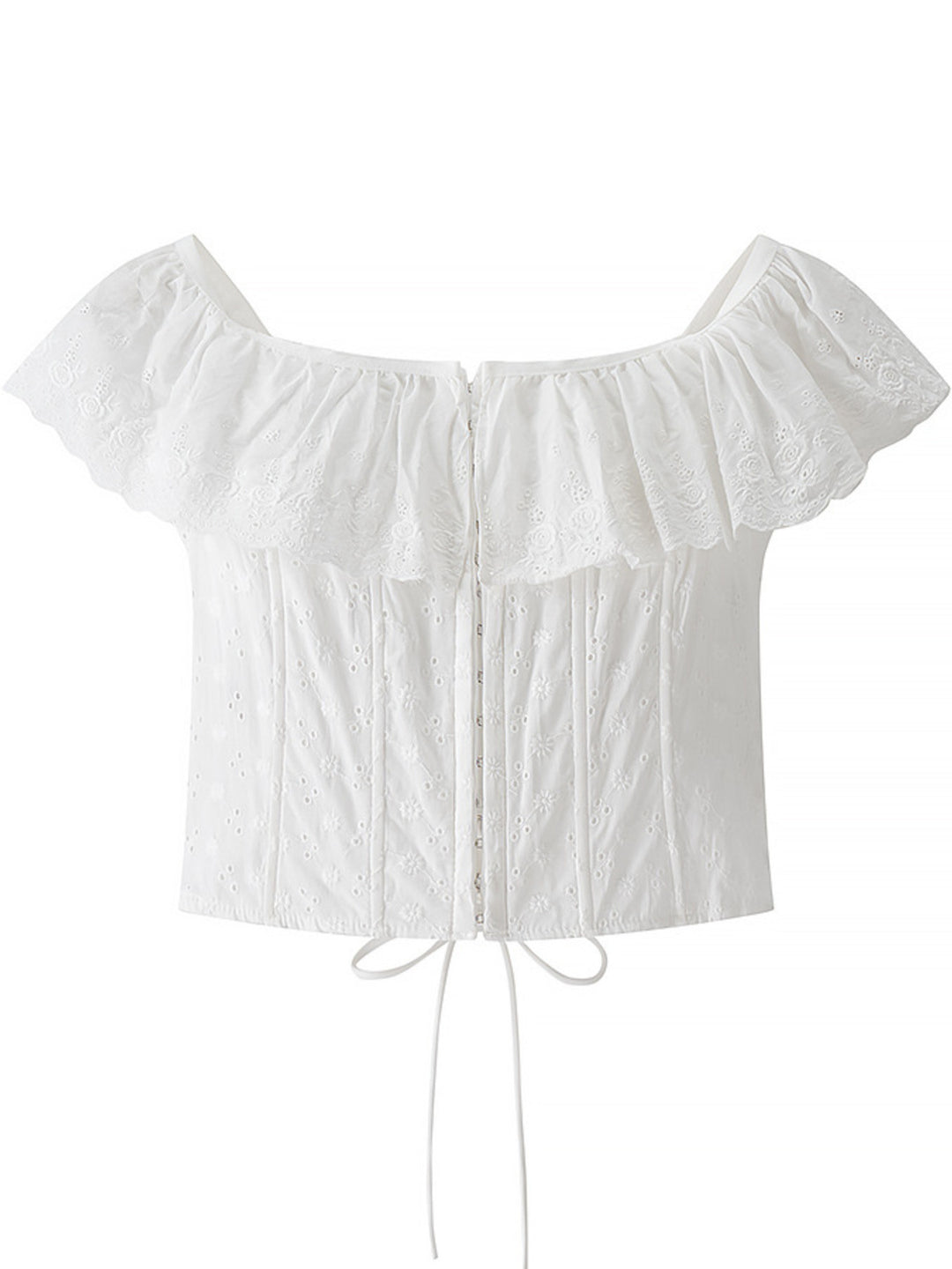 Eyelet ruffle-trim corset tank top with lace-up back