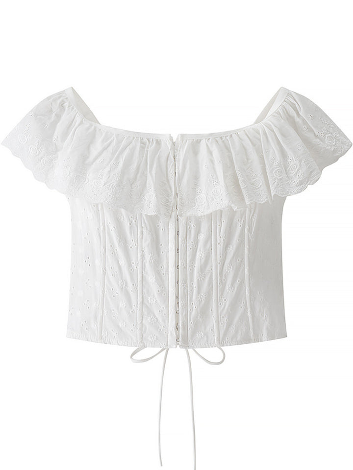 Eyelet ruffle-trim corset tank top with lace-up back