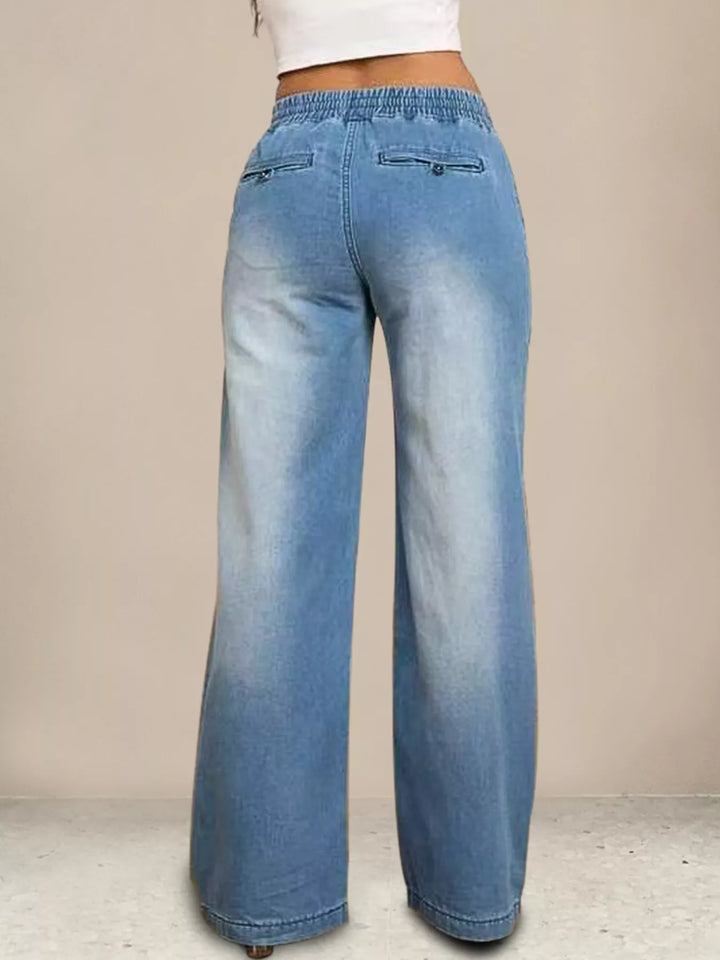 Drawstring elastic-waist wide-leg jeans with patch pockets
