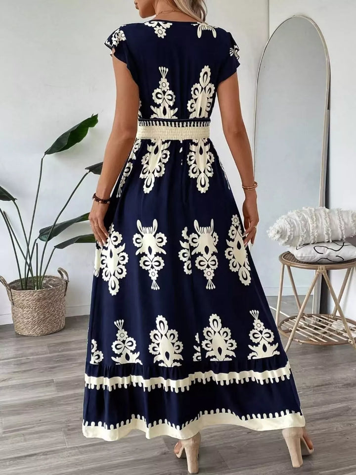 Ornate print v-neck maxi dress with flutter sleeves