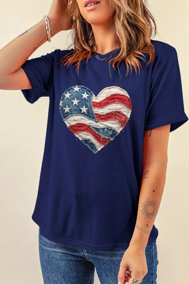 Navy Distressed patchwork flag heart graphic tee