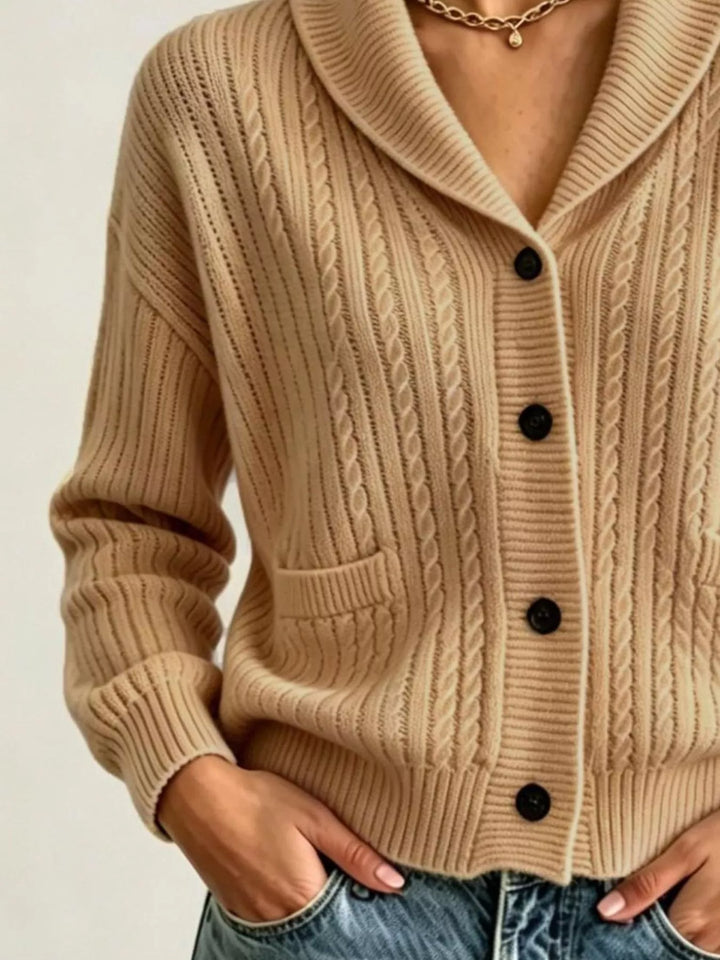Shawl collar cable knit cardigan with patch pockets