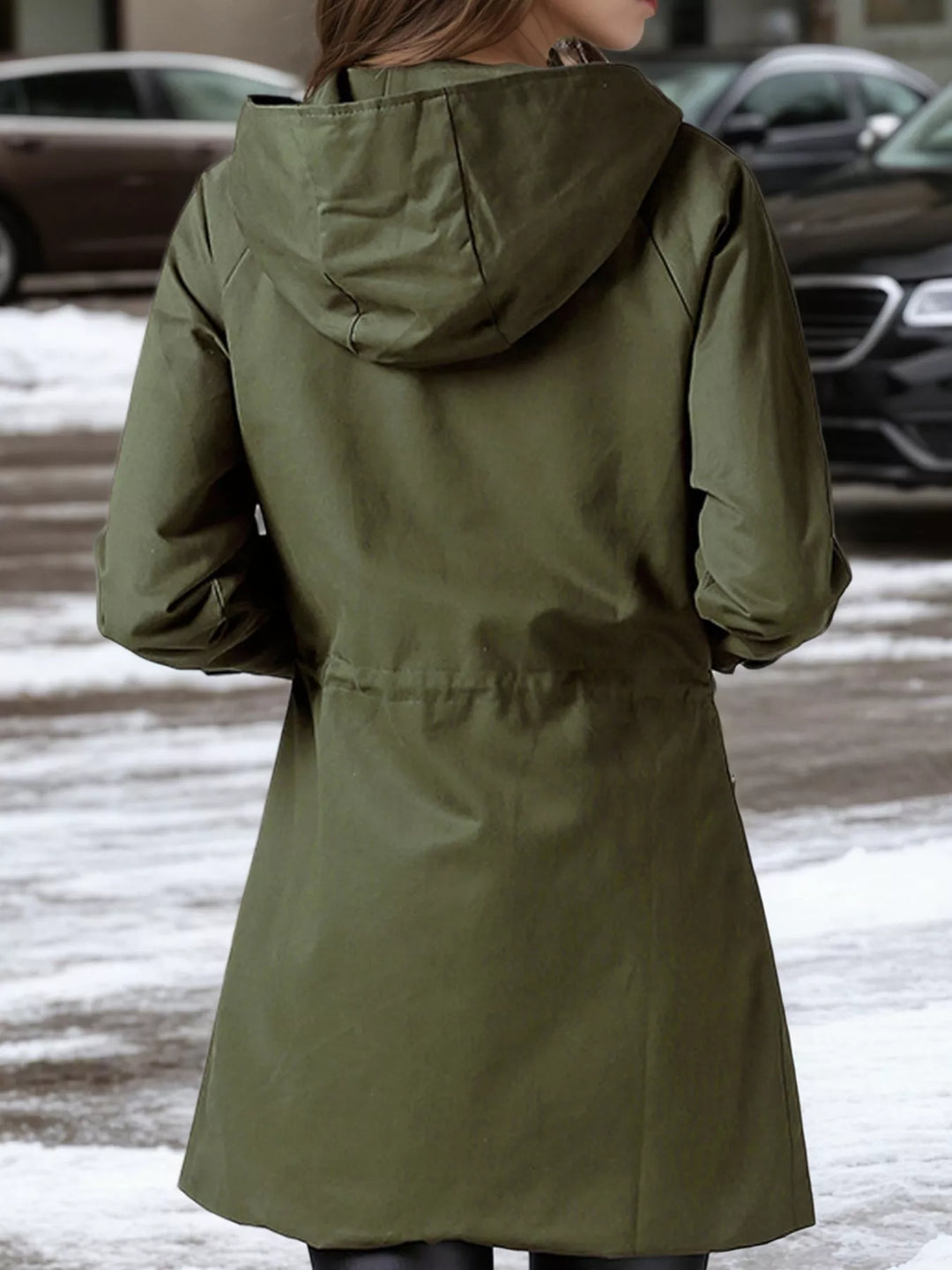 Hooded drawstring waist utility trench coat