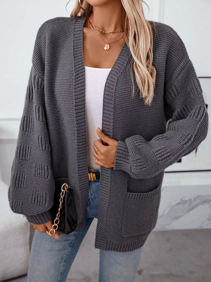 Dark Gray Textured basketweave knit open-front cardigan with pockets