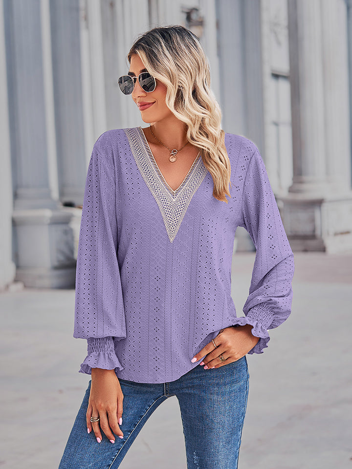Eyelet V-neck blouse with lace trim and flounce sleeves