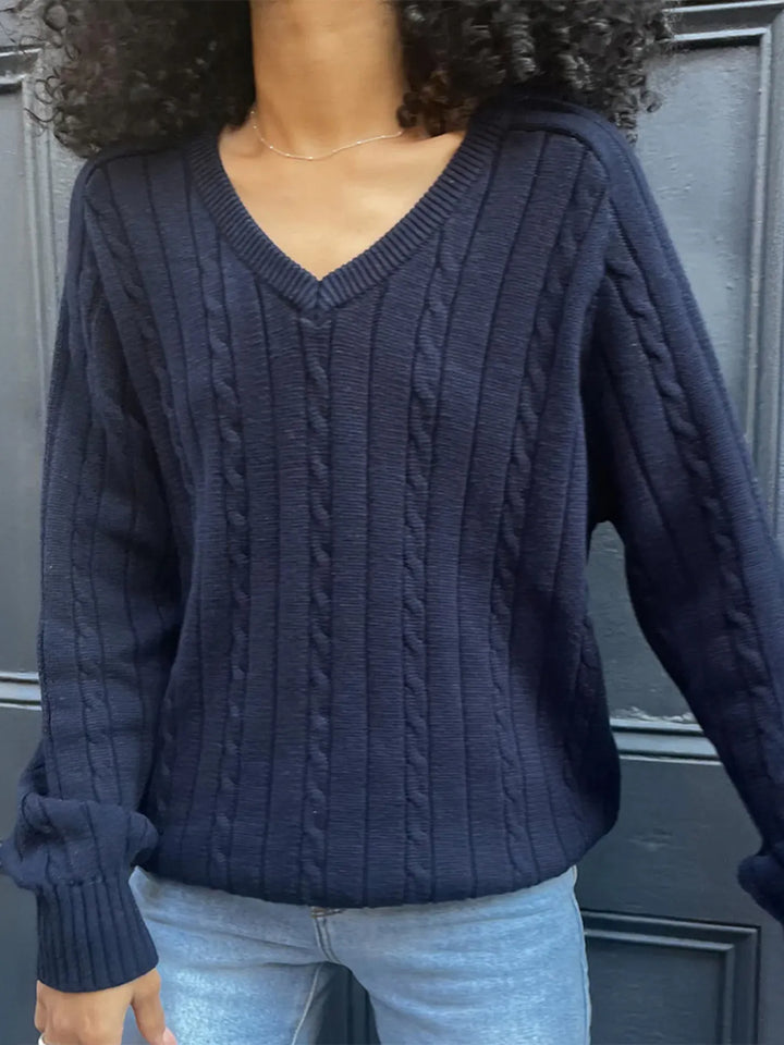 Navy Cable knit V-neck pullover sweater with ribbed trim