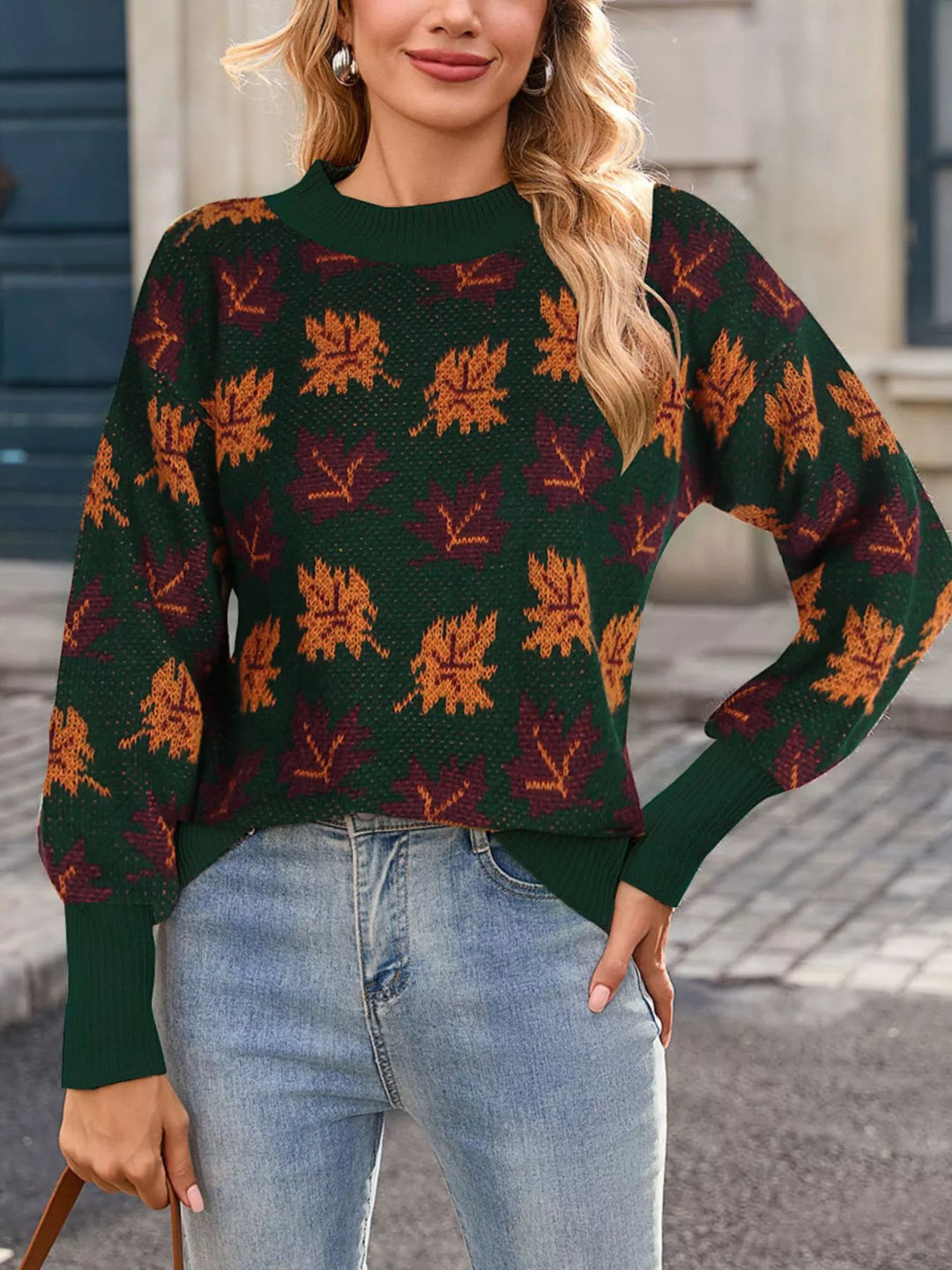 Maple leaf jacquard knit mock neck sweater