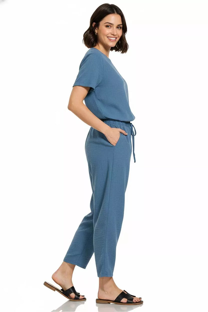 Woven crepe elastic-waist drawstring cropped pants
