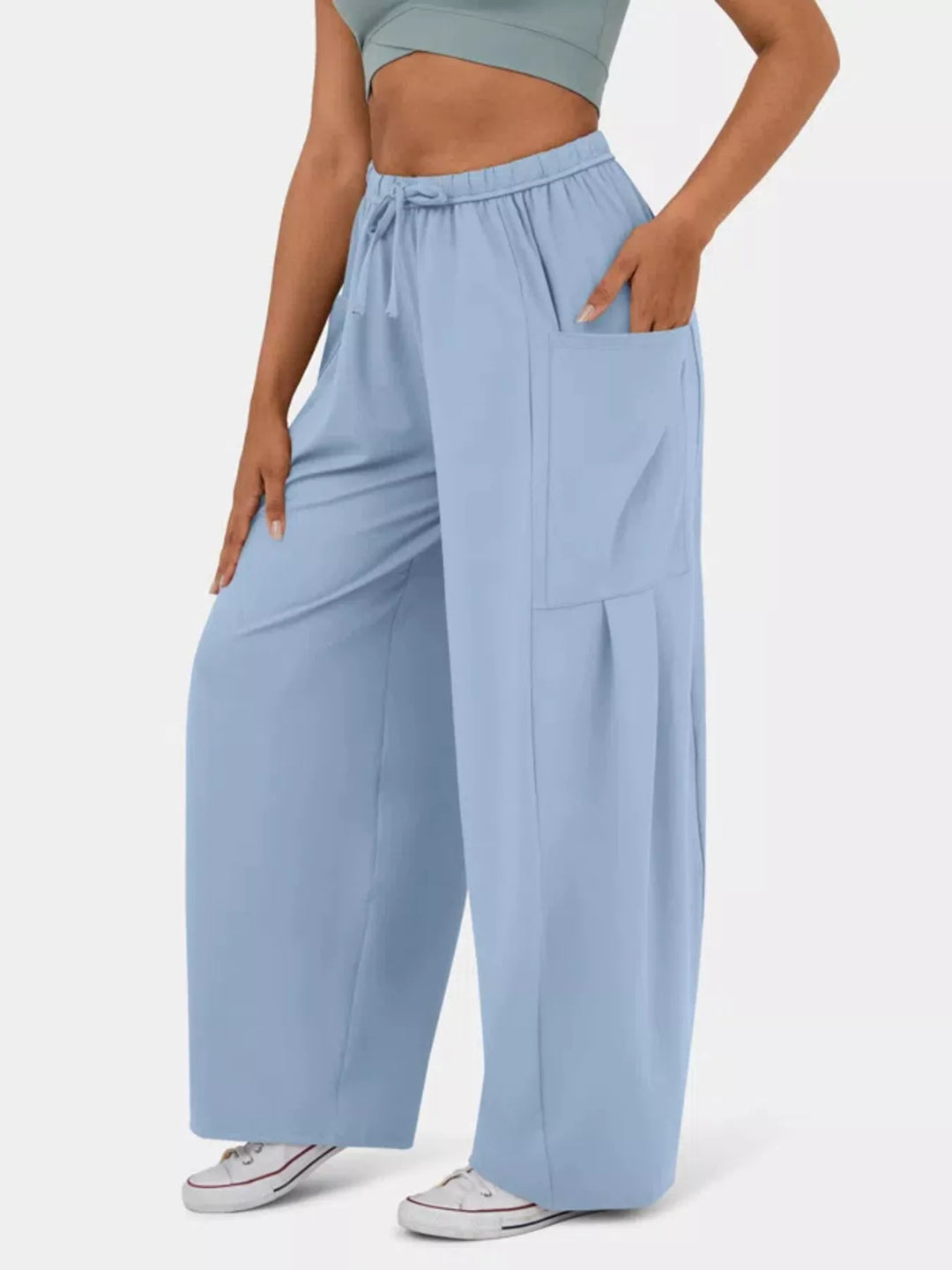 High-rise drawstring wide-leg pants with patch pockets