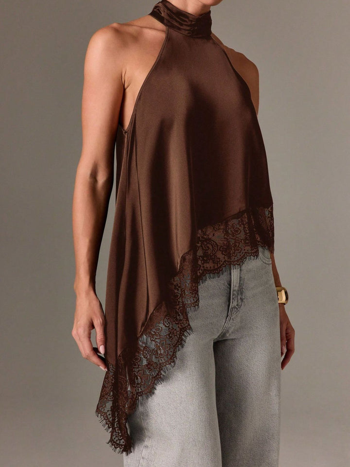 Satin halter neck cami with lace trim asymmetrical hem