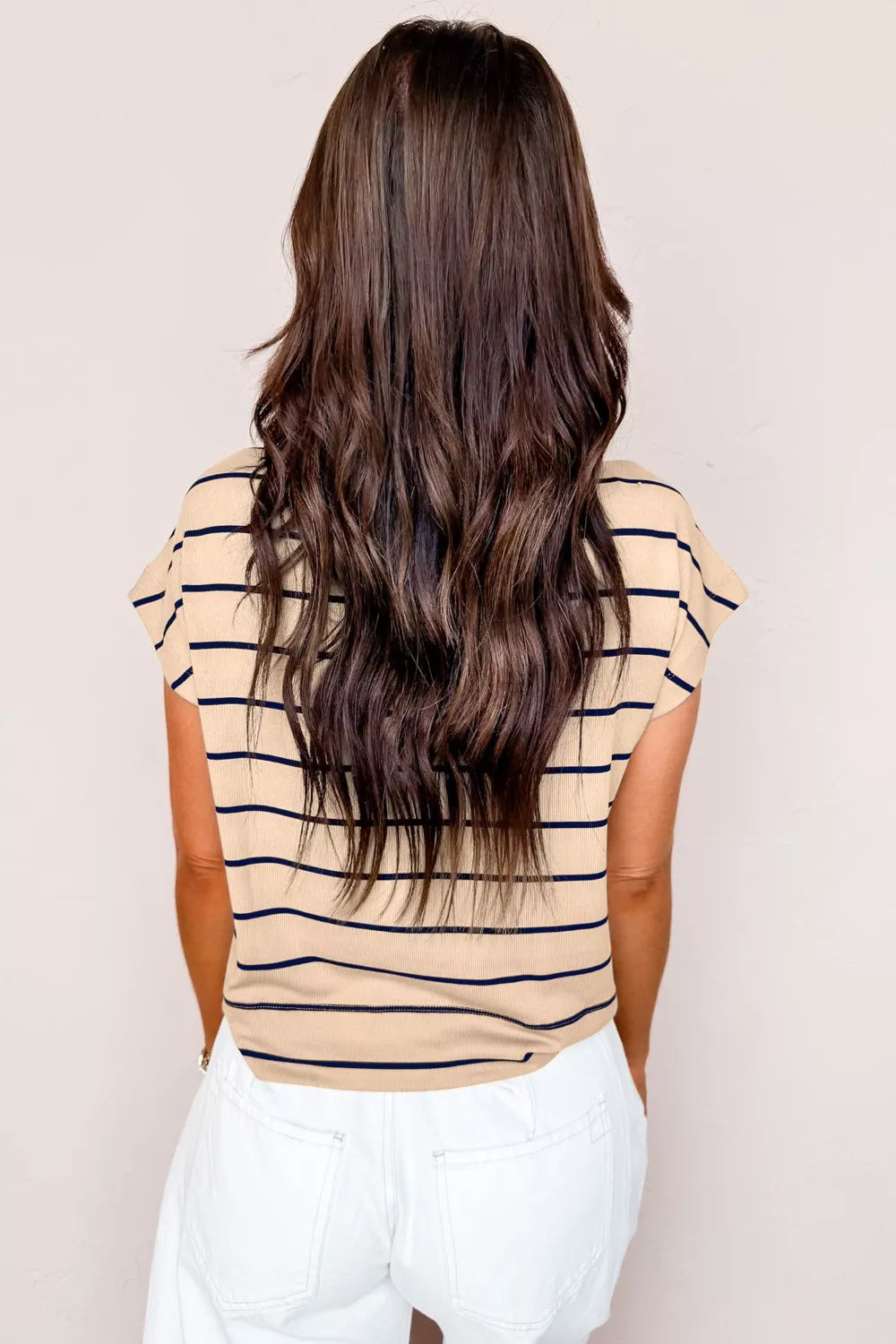 Striped mock neck short sleeve knit top
