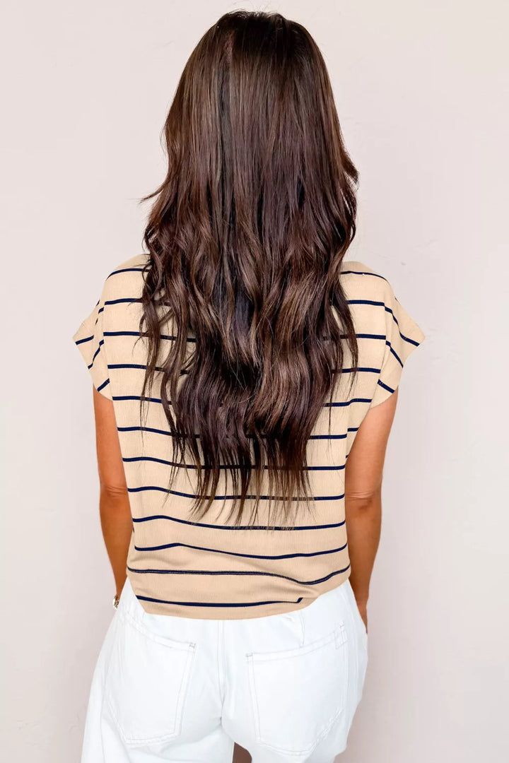 Striped mock neck short sleeve knit top