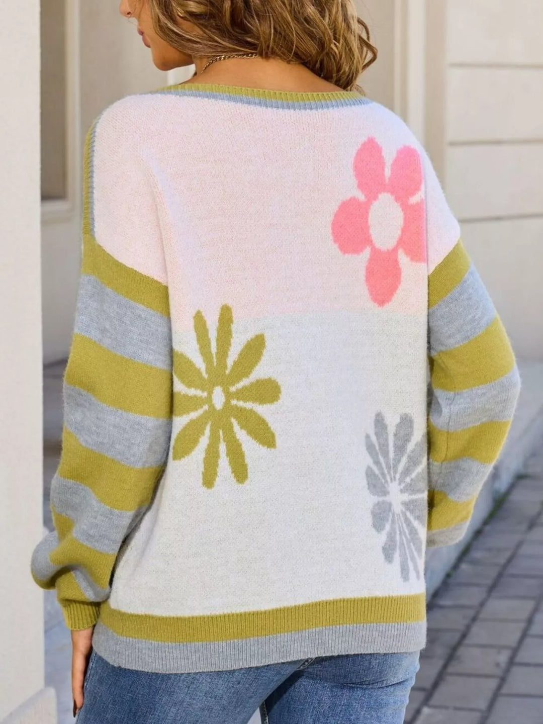 Retro floral knit sweater with striped sleeves