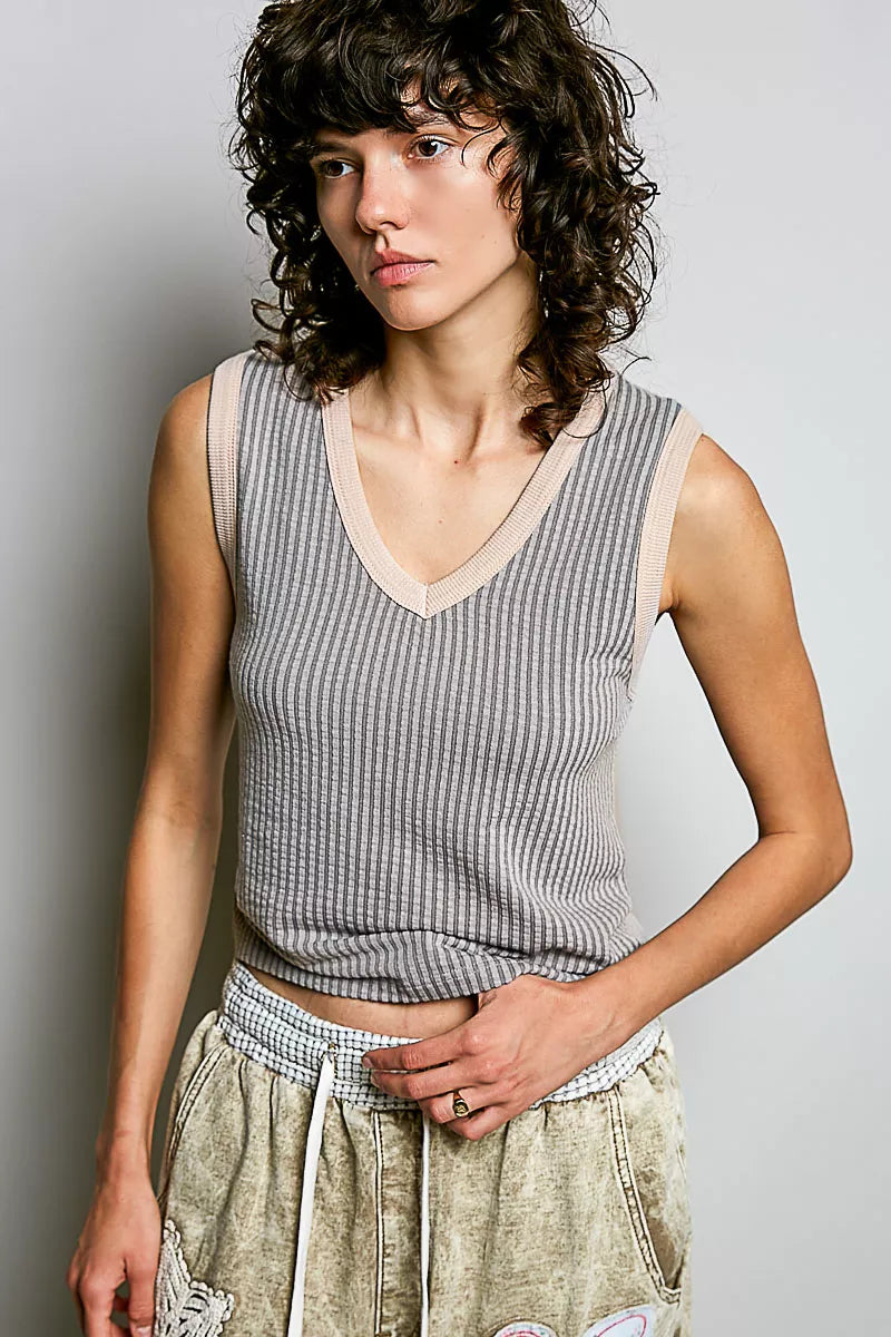 V-neck ribbed sleeveless tank with contrast trim