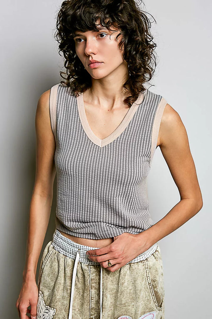 V-neck ribbed sleeveless tank with contrast trim