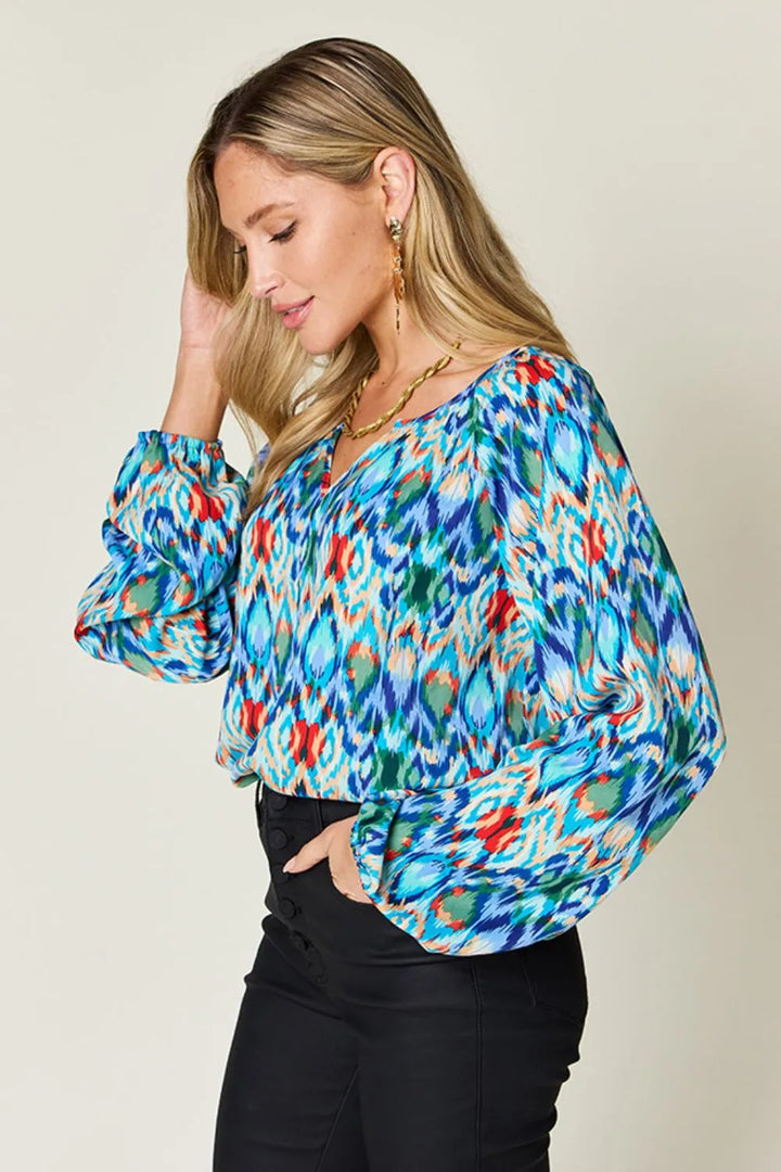 Abstract print balloon sleeve blouse with split neck