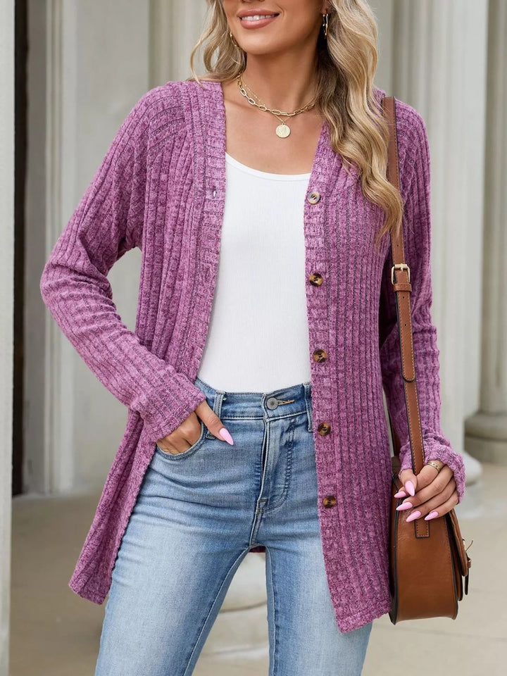 Ribbed knit hooded cardigan with tortoise buttons