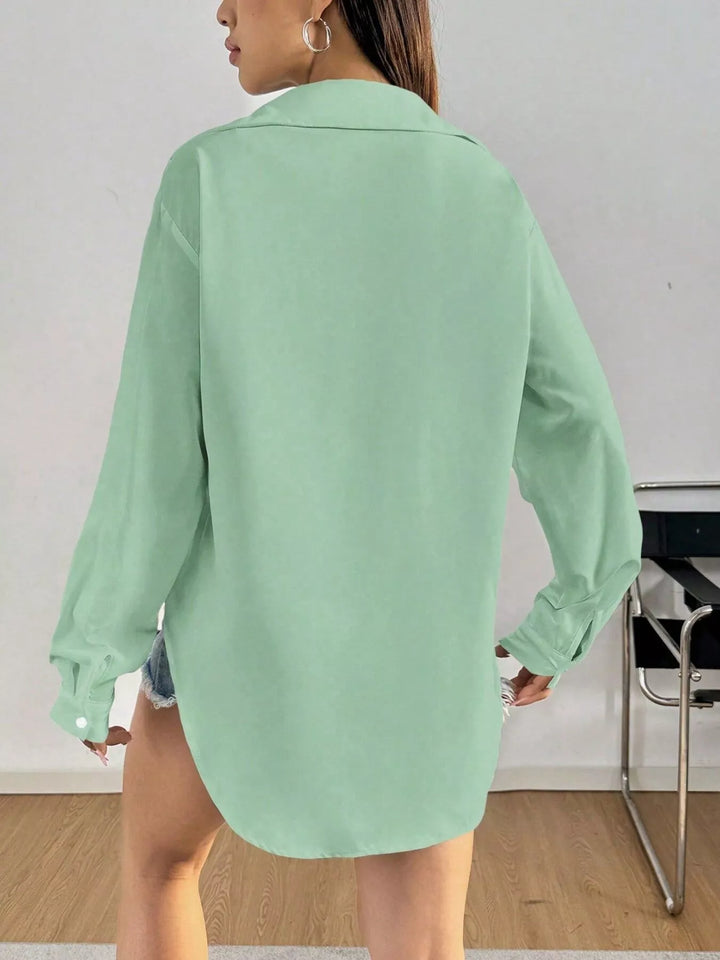 Oversized button-front long sleeve shirt with collar