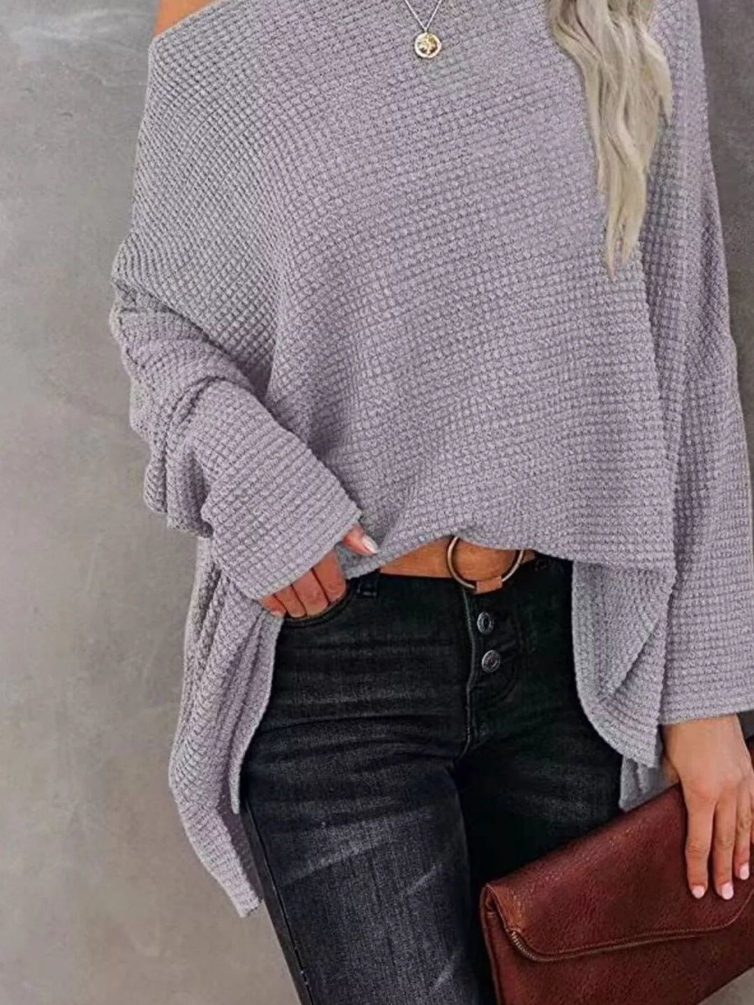 Oversized waffle knit boat neck top with dolman sleeves