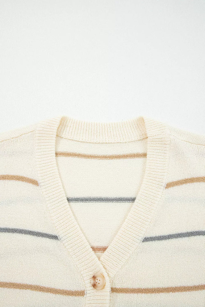 Striped knit button-front cardigan with V-neck