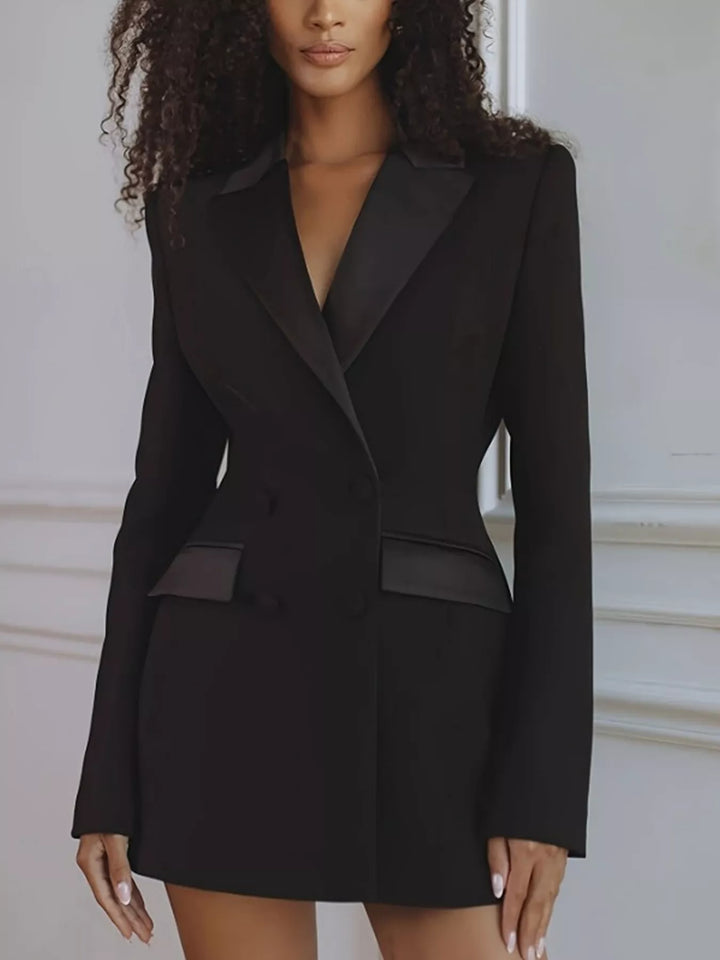 Satin peak lapel double-breasted longline blazer