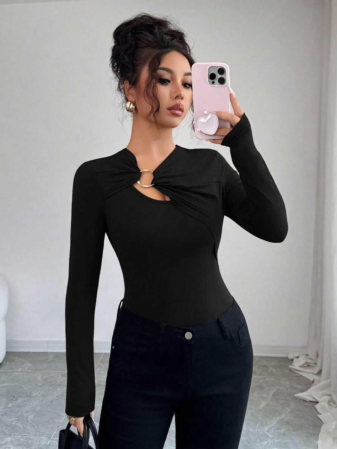 Twist front ring detail long sleeve top with cutout