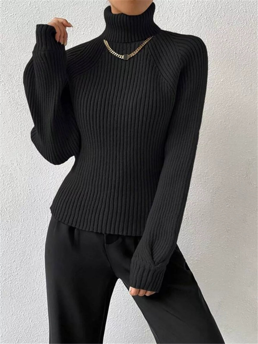 Ribbed knit turtleneck sweater with fitted long sleeves