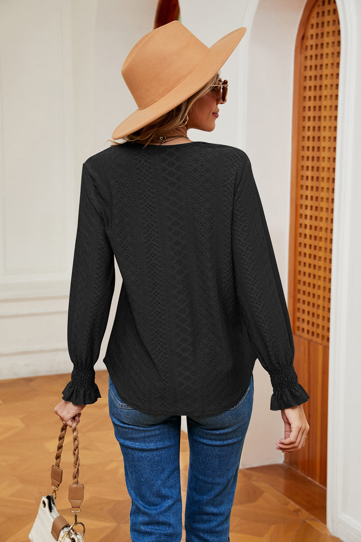 Contrast crochet V-neck eyelet blouse with flounce cuffs
