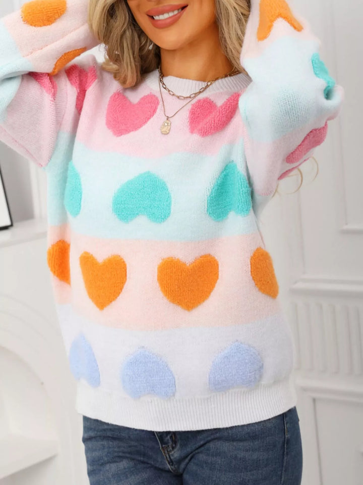 Fuzzy heart color-block crew neck knit sweater