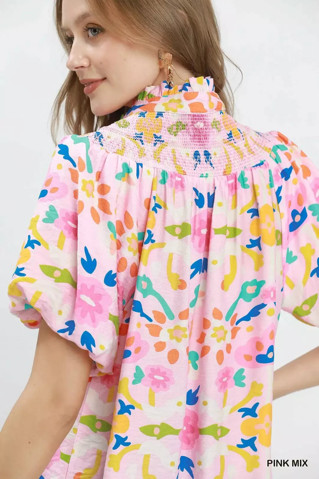 Folk art floral puff sleeve top with smocked collar