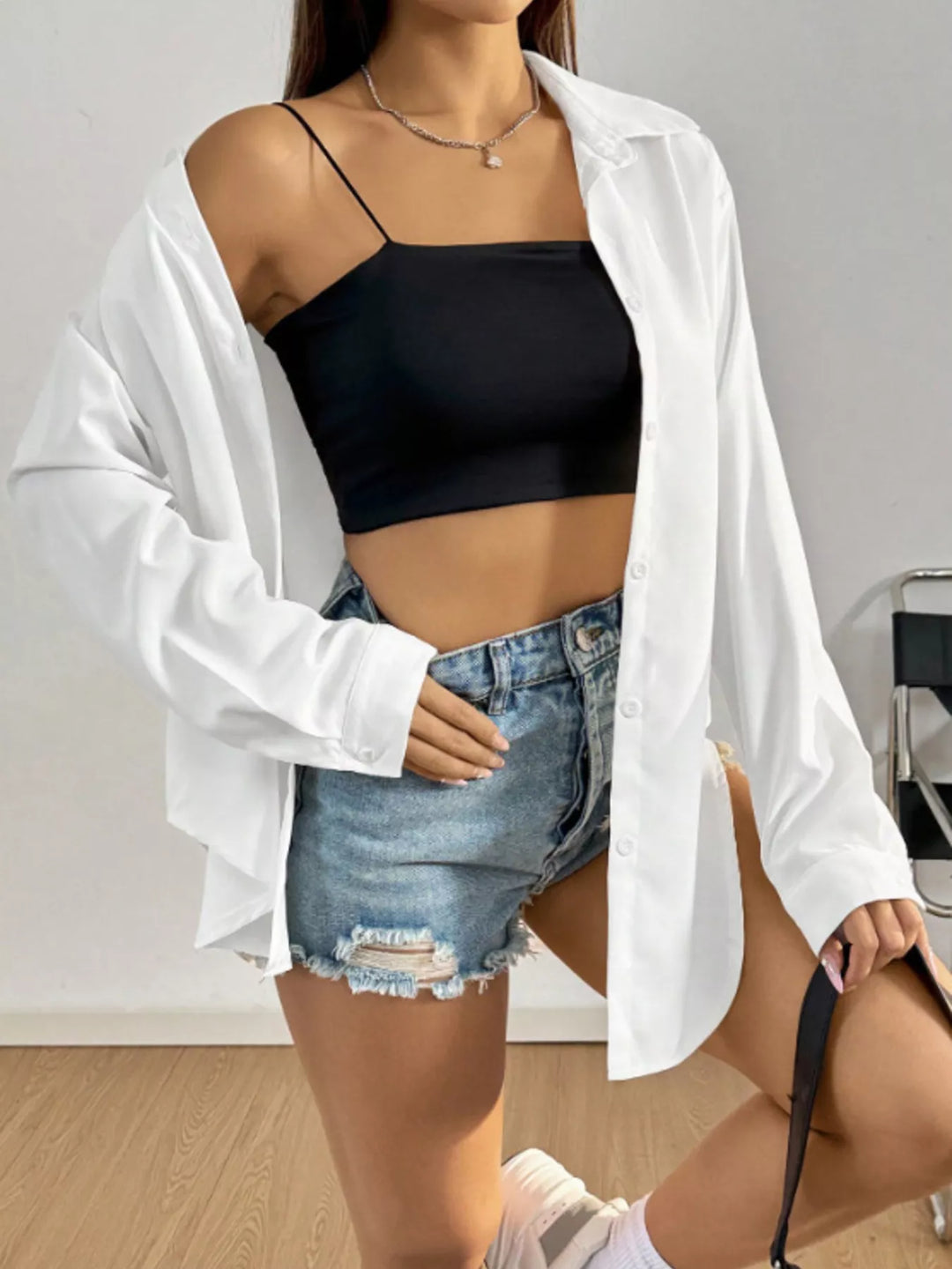 Oversized button-front long sleeve shirt with collar