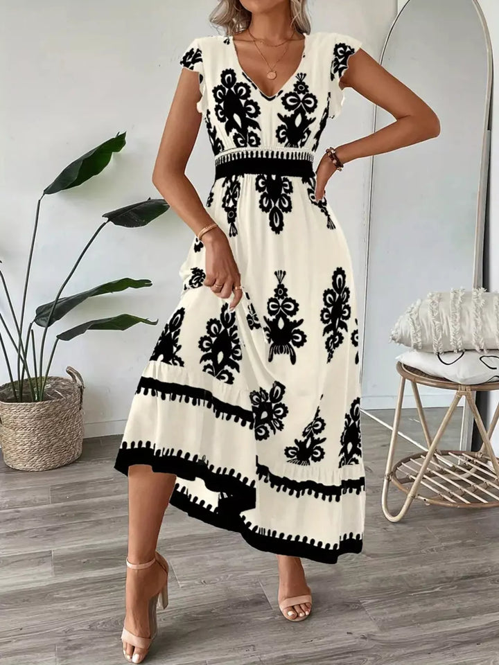 Ornate print v-neck maxi dress with flutter sleeves