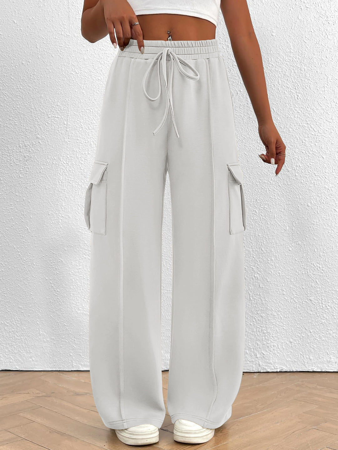 White Drawstring high-waist wide-leg cargo pants with flap pockets