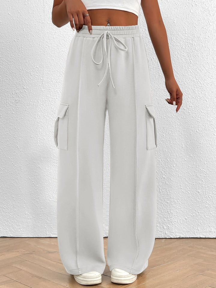 White Drawstring high-waist wide-leg cargo pants with flap pockets