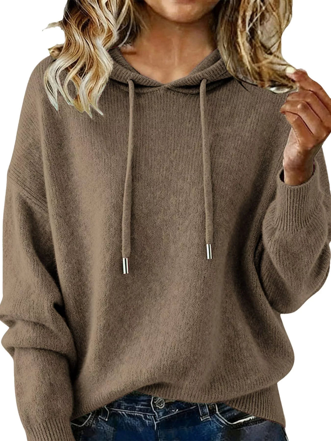 Light Brown Color Drawstring hooded knit sweater with ribbed cuffs