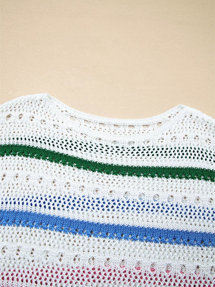 Striped pointelle open-knit pullover sweater