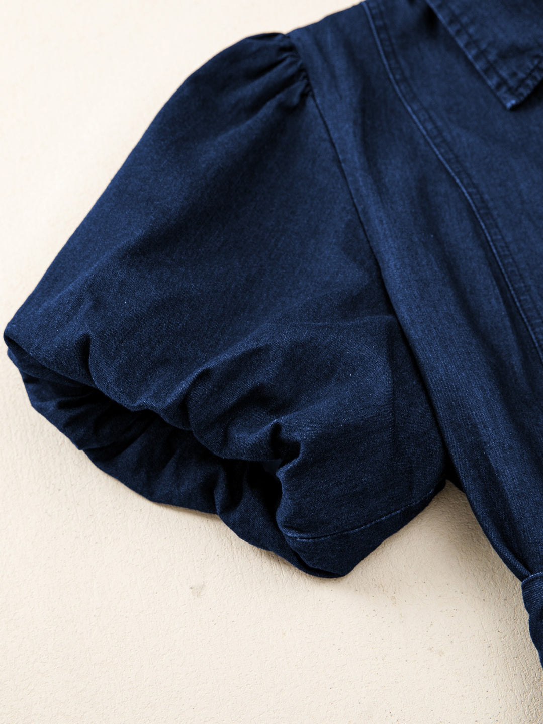 Puff sleeve button-down midi denim dress with tie belt