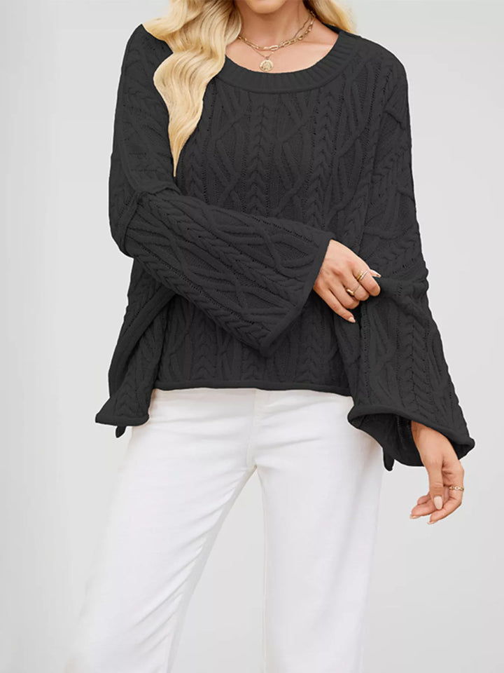 Cable knit drop shoulder oversized sweater with bell sleeves