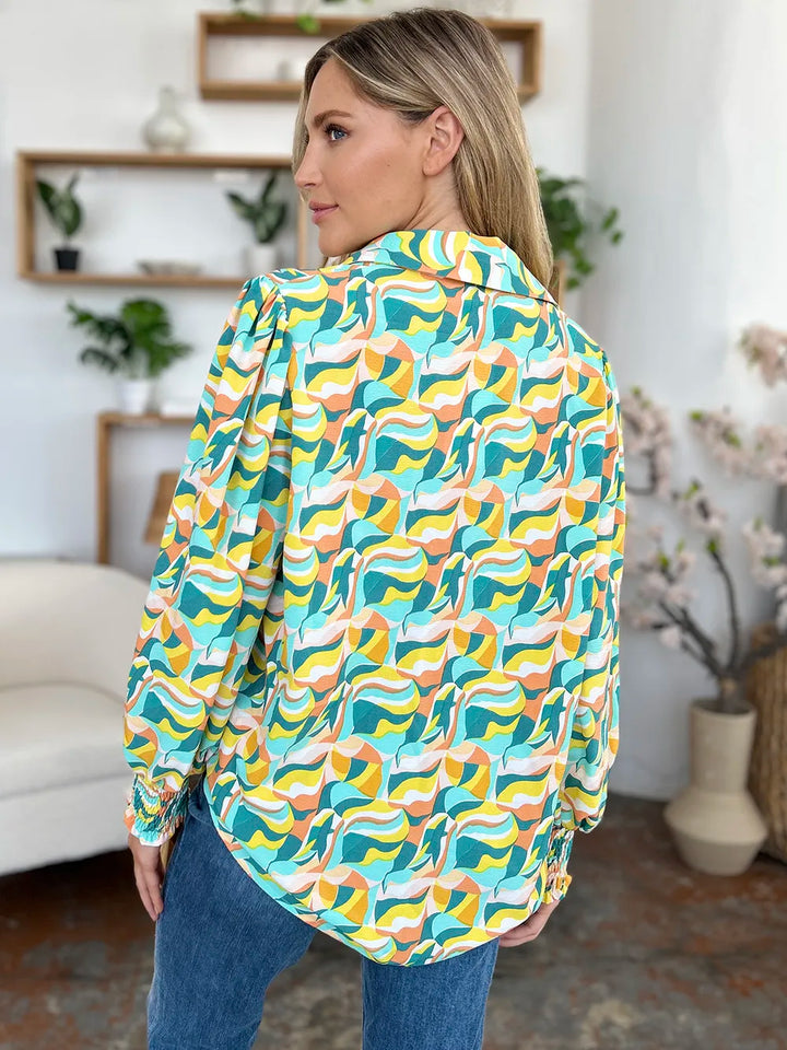 Abstract print smocked balloon sleeve blouse