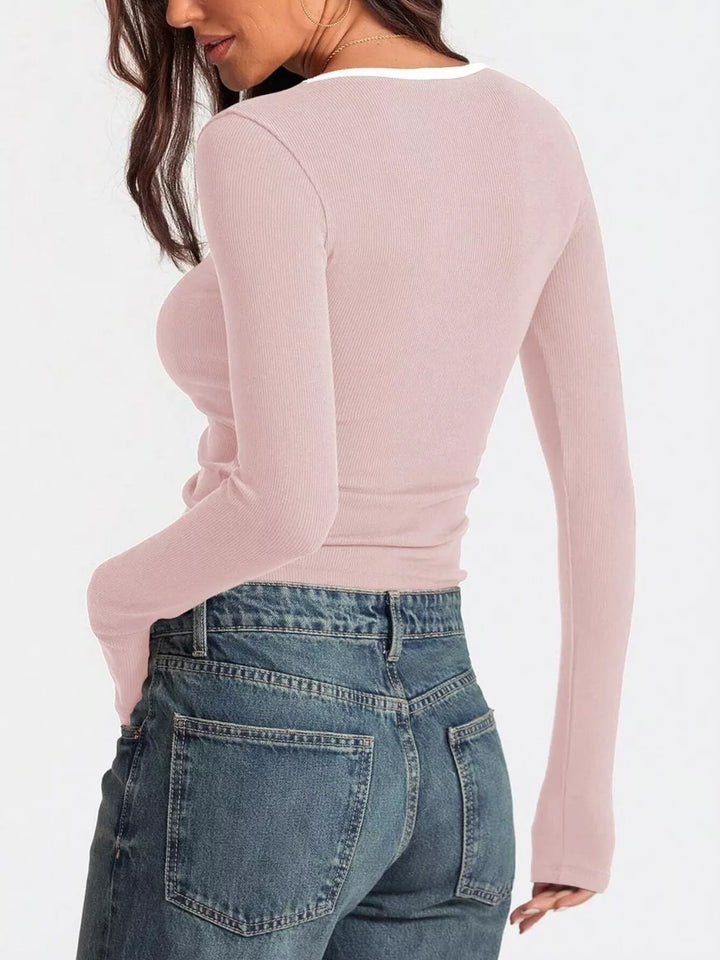 Ribbed contrast-trim square neck long sleeve top